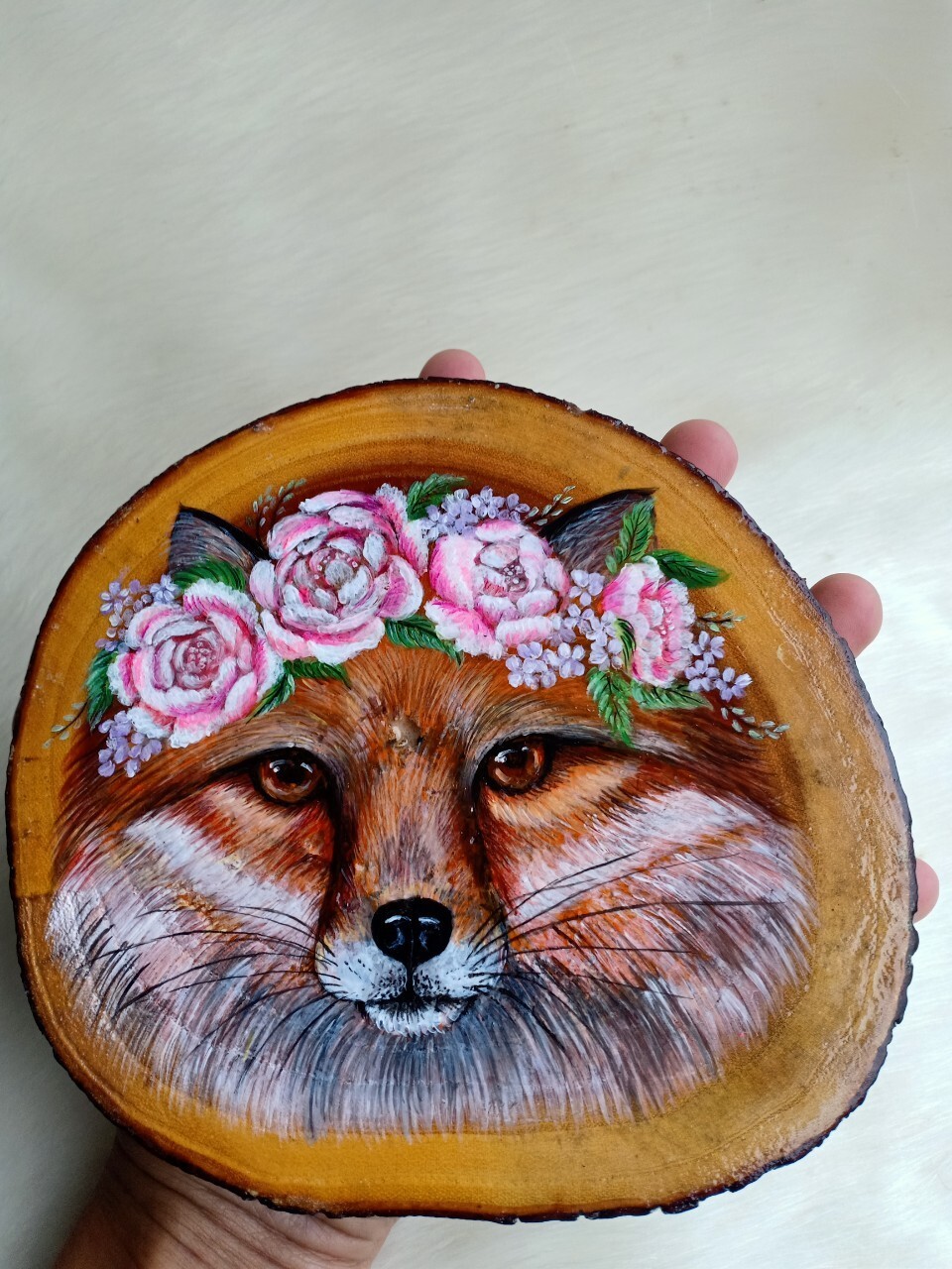 Hand Painted Original Painting Natural Wood Frida Fox Painting Portrait Large