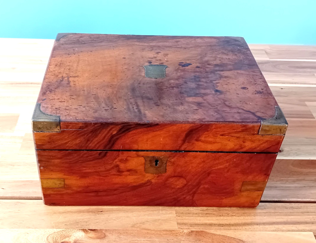 Antique Flame Mahogany Veneer Writing Box Desk Leather Slope Brass Corner Pieces