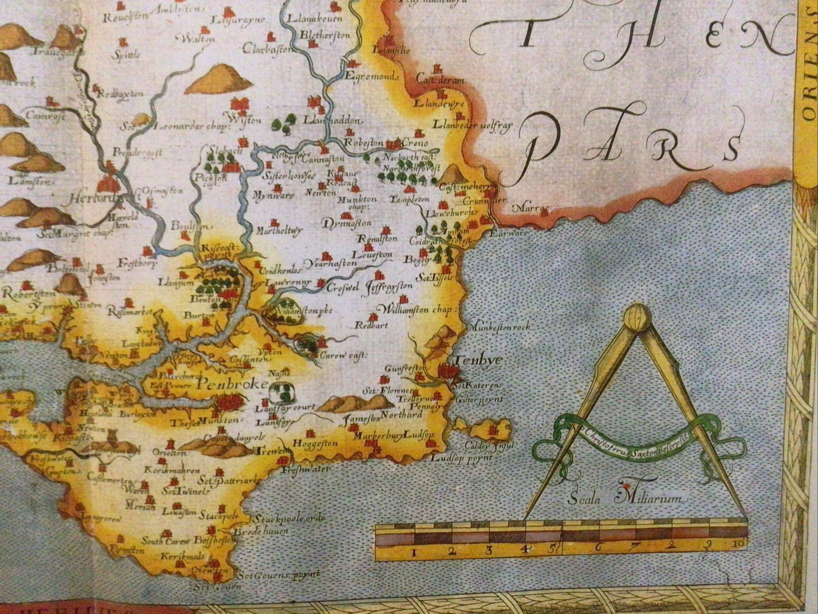 Decorative County Map Pembroke, Book Plate Print By Christopher Saxton 1578
