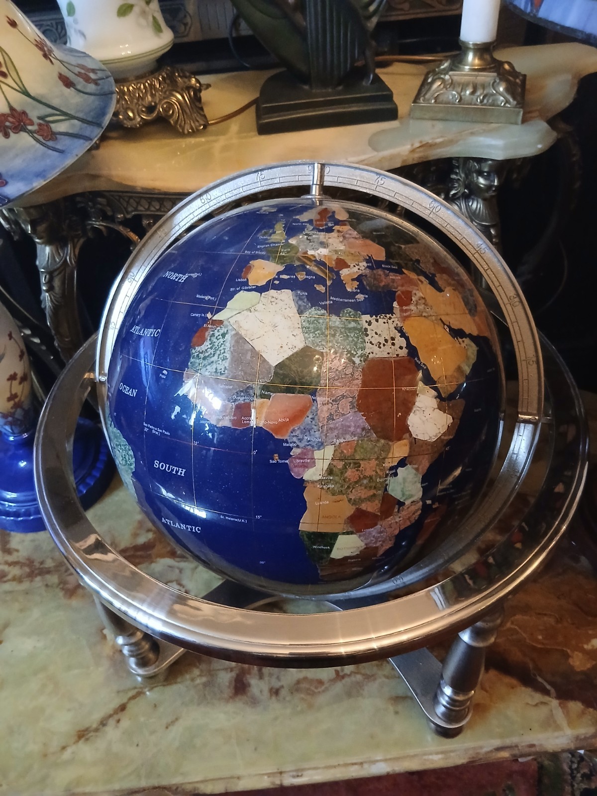 Gemstone World Globe Semi-precious Extra Large Vintage Blue .Steel. Stand 18″