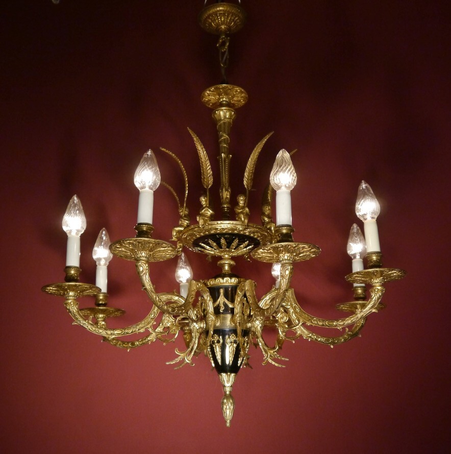 CHANDELIER BRASS EMPIRE 8 LAMP CHERUBS FRENCH BLACK VARNISH LAMP Ø 28″