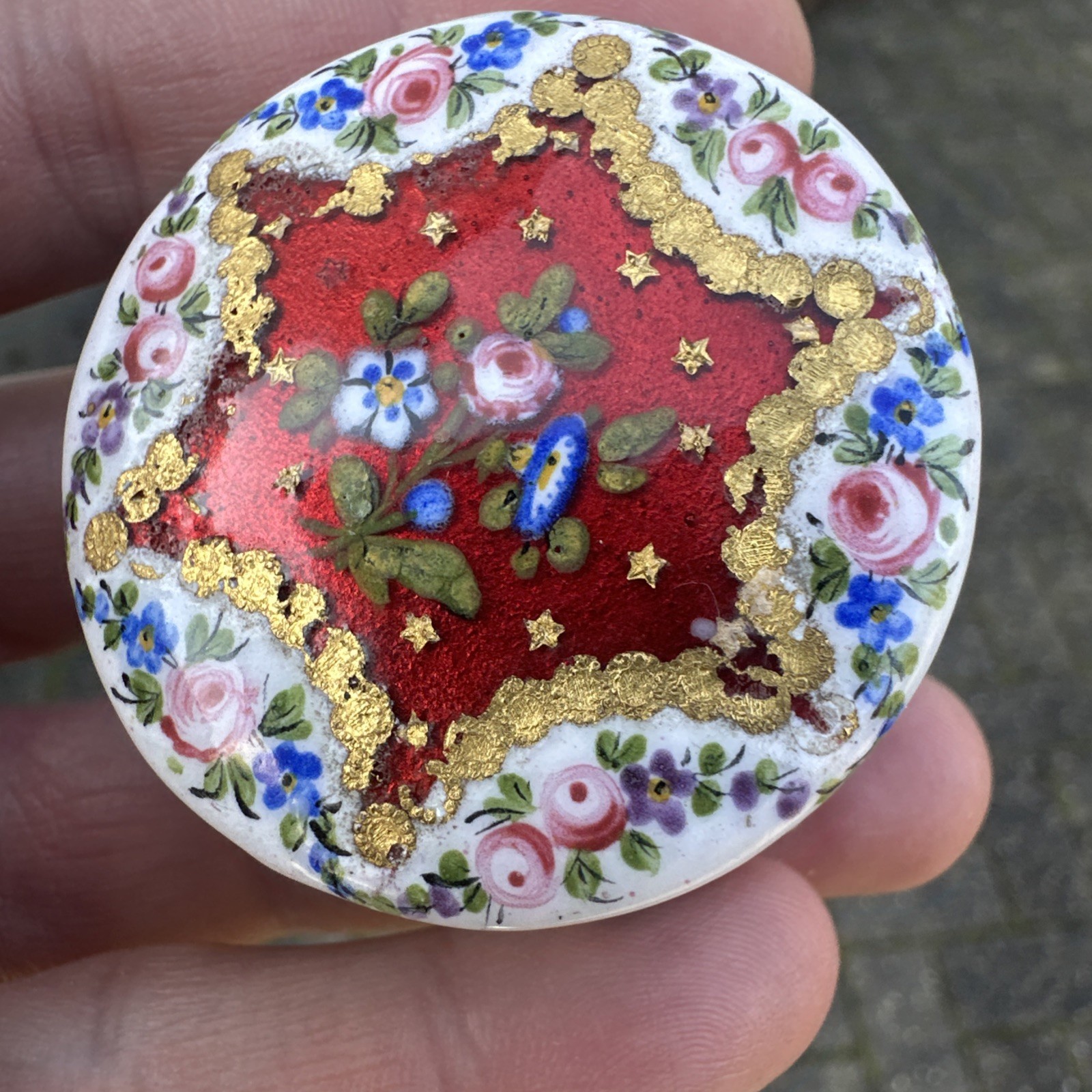 Antique French Enamel Gilt Patch Box Beaded hand painted flowers