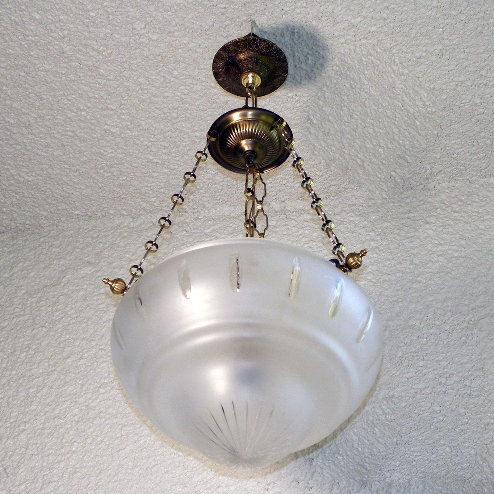 RESTORED VINTAGE GRAVITY HOOK PENDANT LIGHT SATIN GLASS BOWL CHANDELIER