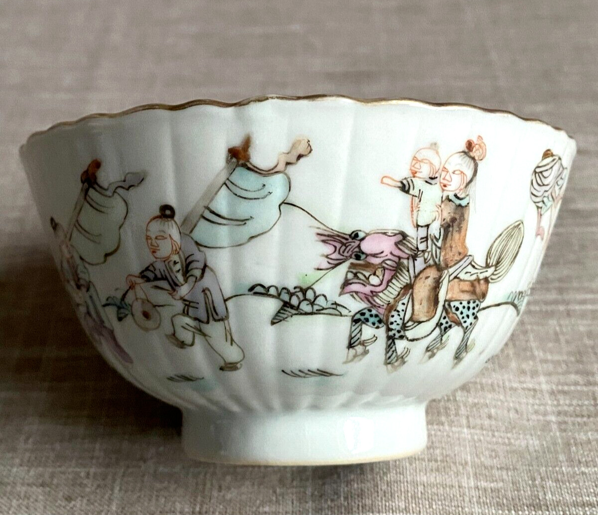 Antique c1860 Chinese Tongzhi Famille Rose Qilin Kylin Boy Fluted Melon Tea Bowl