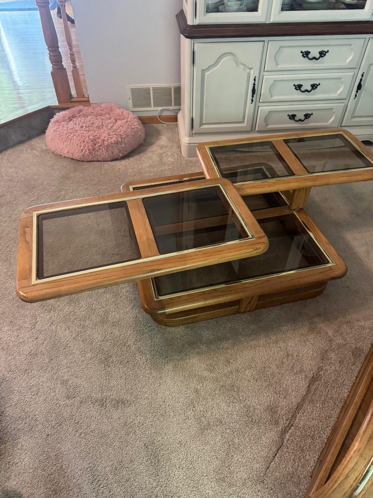 1980’s Oak Swivel Glass Coffee Table Three Tiered Surfaces To Set Your Items On.
