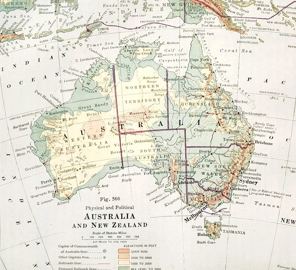 1916 Map Australia New Zealand Oceania Physical Political Boundaries DWSS9