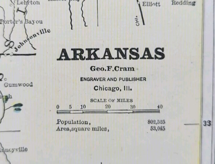 Vintage 1887 ARKANSAS Map 10″x13″ Old Antique Original JONESBORO FAYETTEVILLE AR