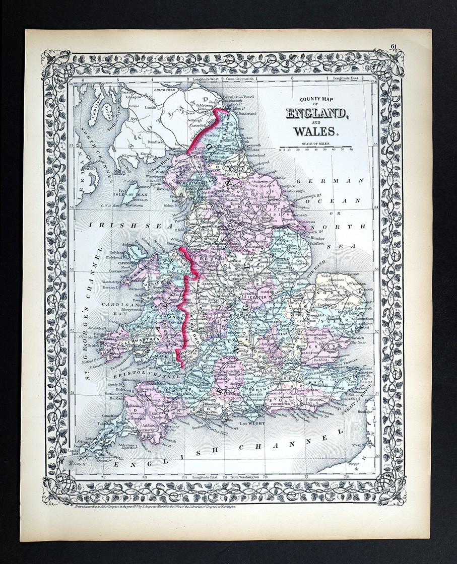 1874 Mitchell Map England Wales London Liverpool Bristol Cardiff Oxford Leeds UK