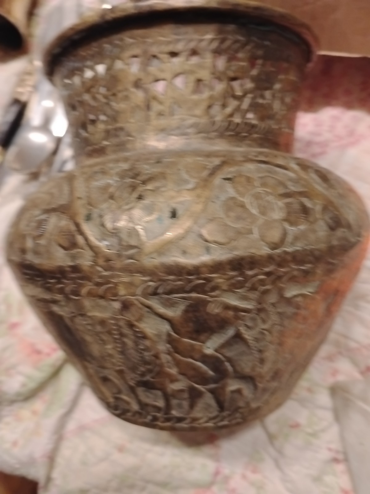 Antique Brass Planter Jardiniere | Middle Eastern Etched Animals & Calligraphy
