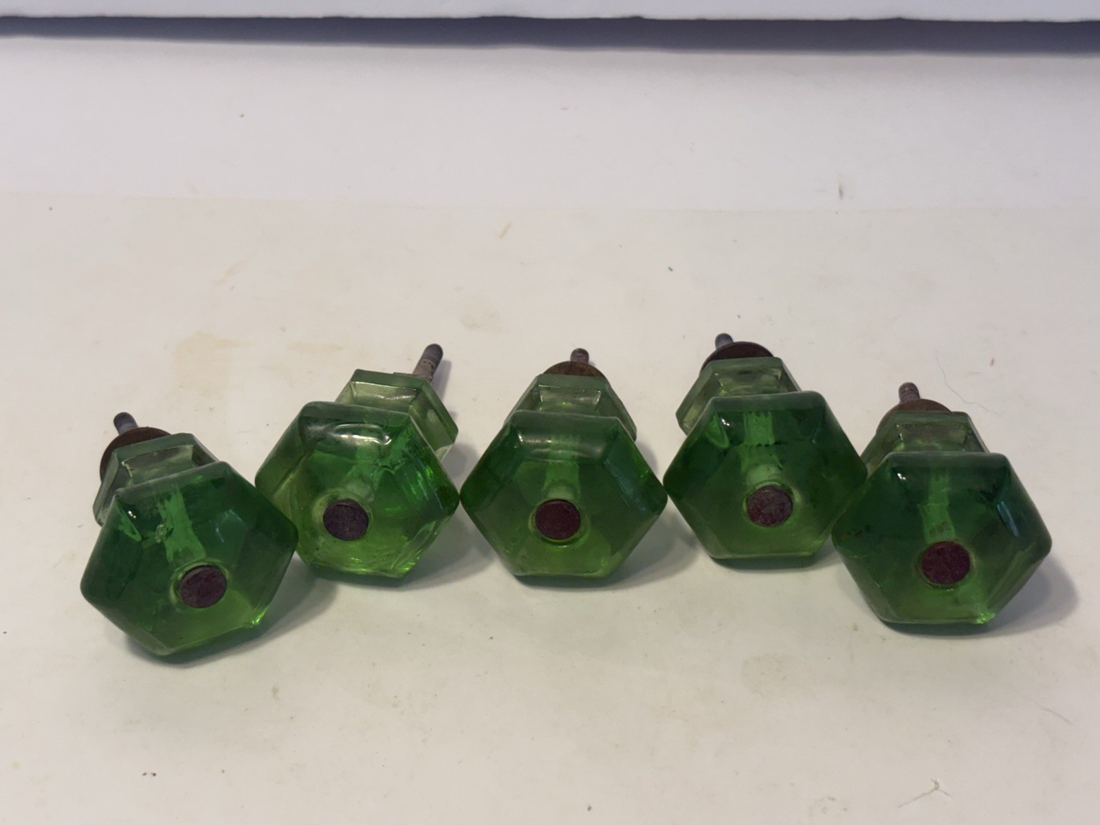 Set Of 5 Vintage 1930s Emerald Green Depression Glass Drawer Knobs Cabinet Pulls