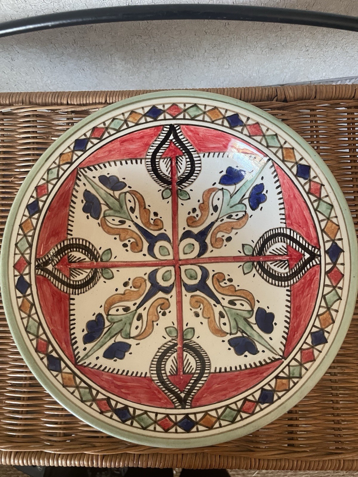 Vintage Moroccan Hand Painted Bowl Fez? Pottery Ceramic Art Wall Art 7.75” Color