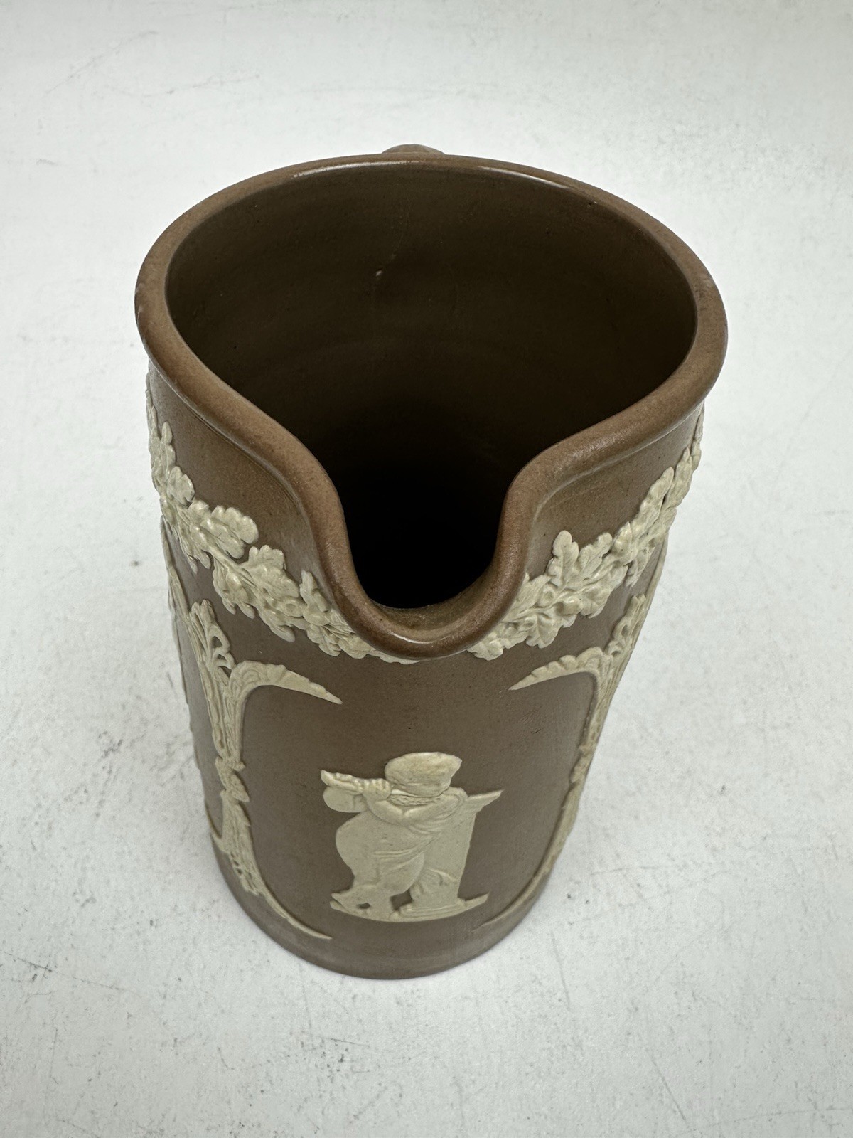 Antique DUDSON Brown & White Jasperware Jug Pitcher England Cupid Angels