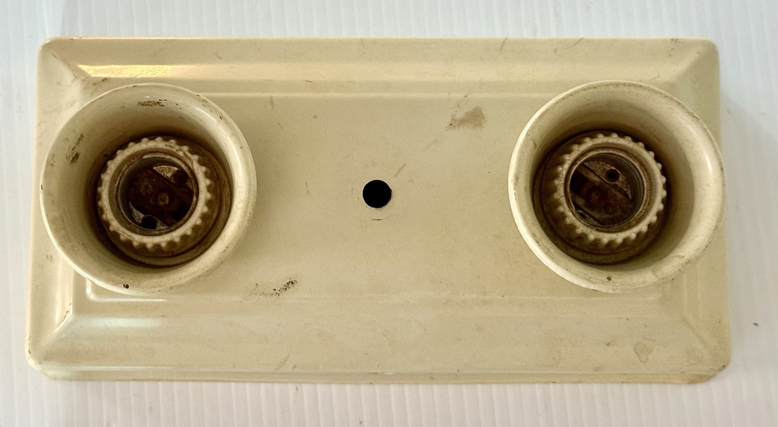 Vintage MCM Dual Socket Ceiling Light Fixture Porcelain Over Steel 10” Wide