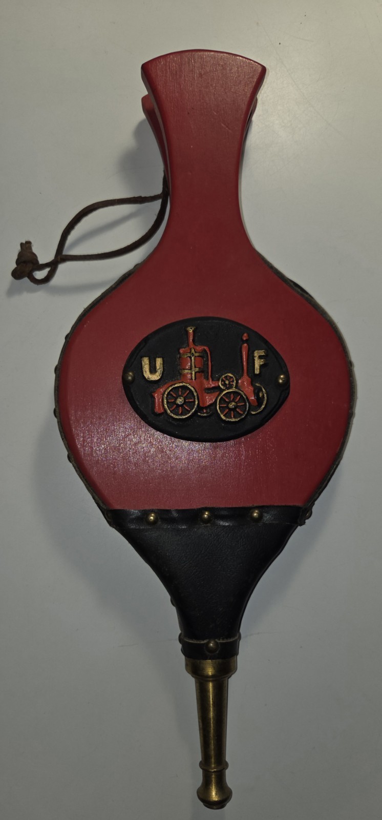 United Fireman’s Insurance Cast Iron Plaque Fireplace Bellow Wood Leather Brass