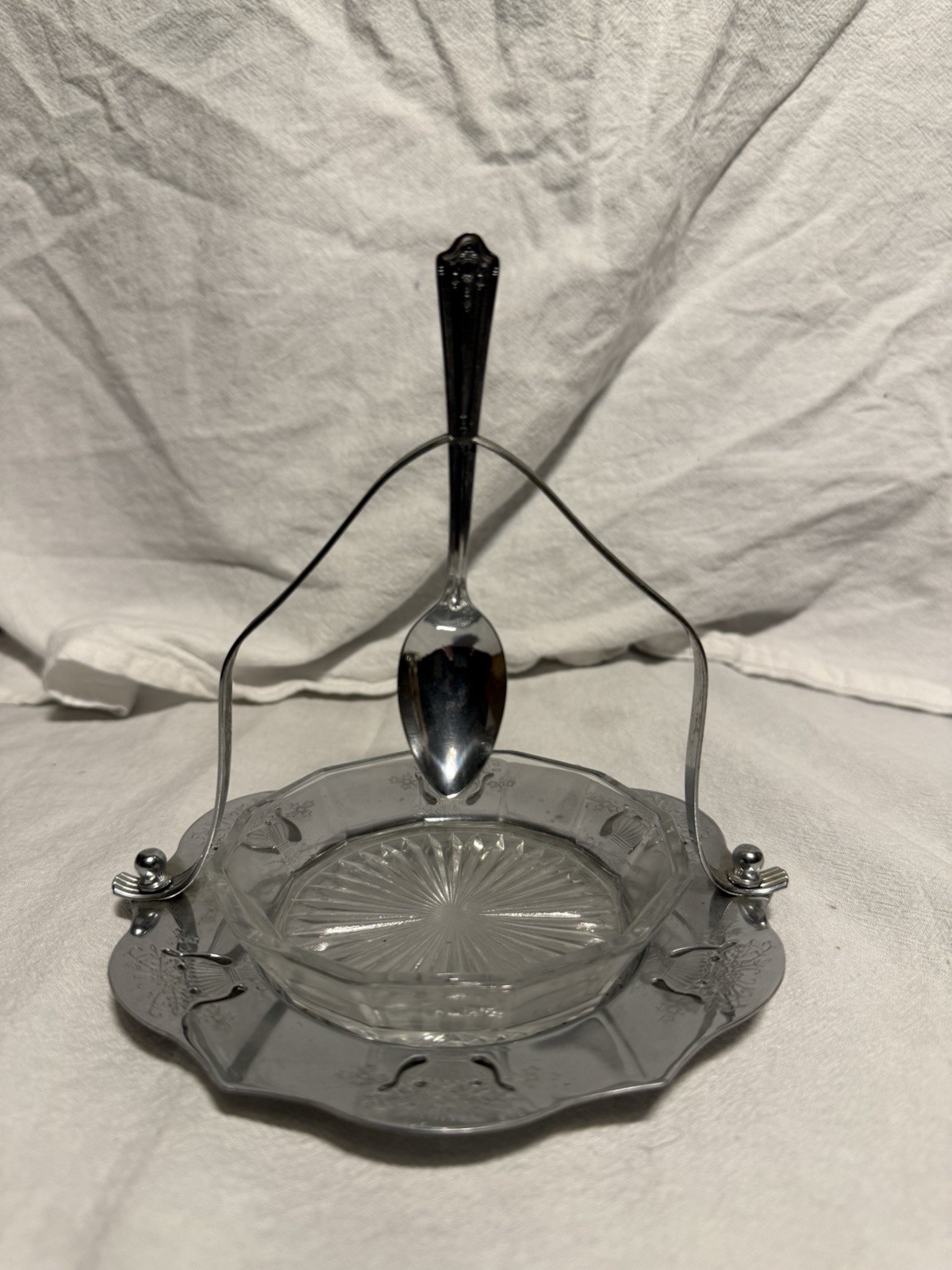 Vintage Farber bro Krome Kraft Silver And Glass Jelly/Relish Dish Spoon Art Deco