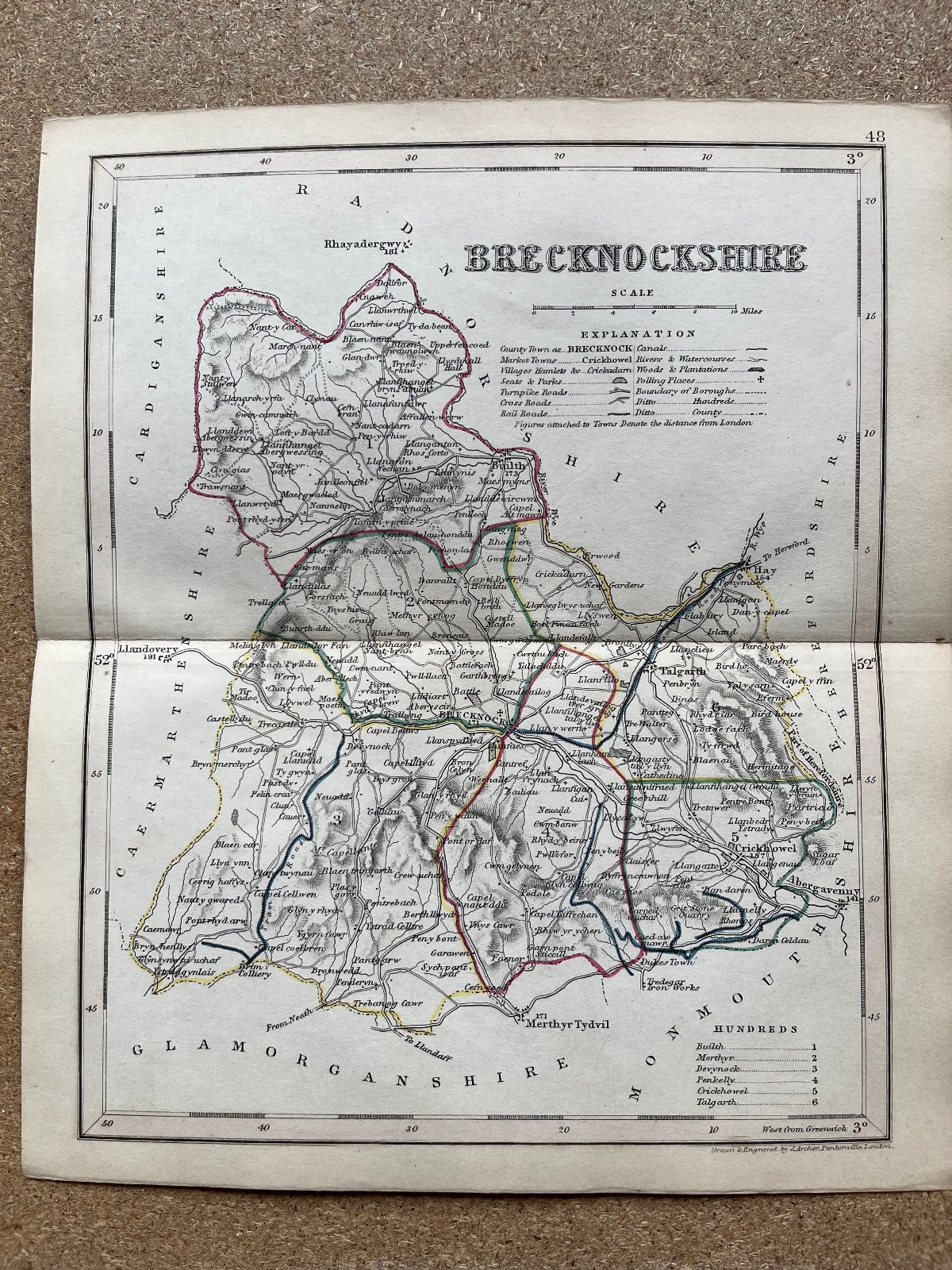 Antique hand coloured county map Brecknockshire 1850 A1054