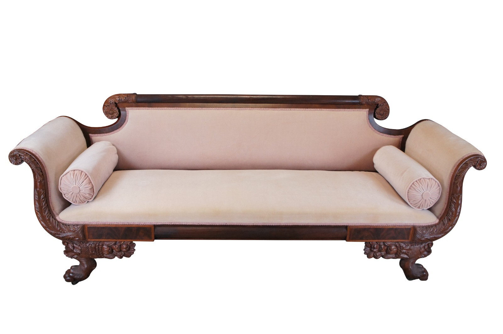 Antique American Empire Flame Mahogany Claw Foot Parlor Sofa Couch 85″