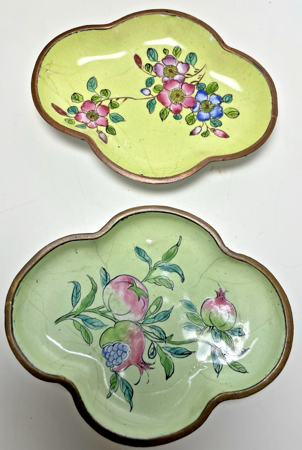 Antique Lot of 2 Chinese Canton Enamel Copper Hand Painted Trinket/Pin Dish