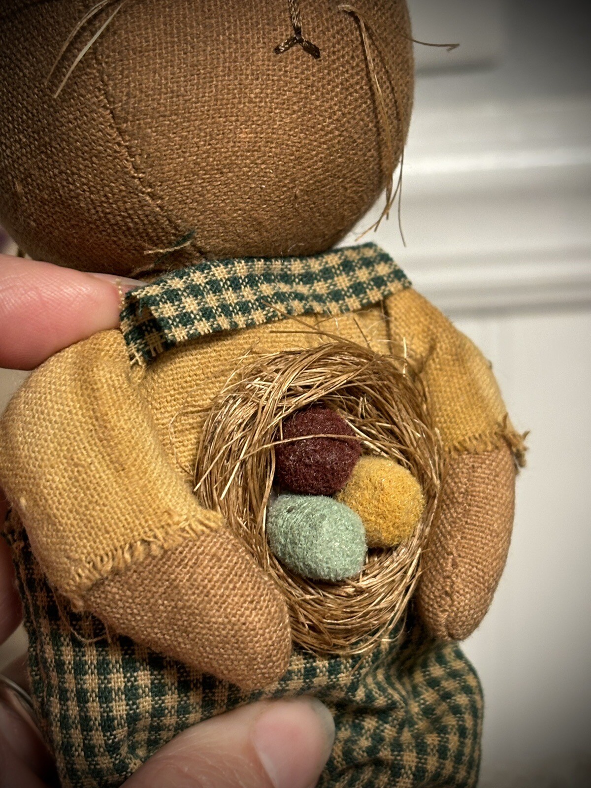 Sweet Grubby Primitive Rustic Country Gingham Baby Easter Bunny w Eggs Doll 9″