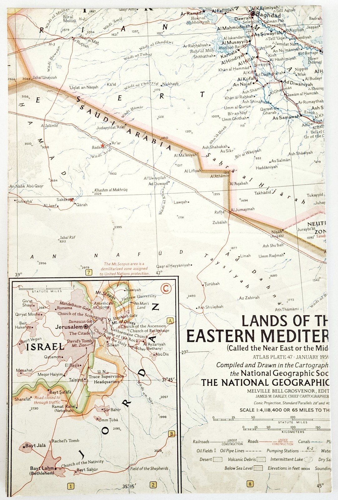 1959 Middle East Eastern Mediterranean Map National Geo Israel 24.75 x 19″ F13F