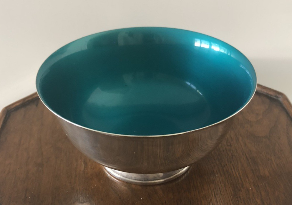 Reed & Barton Silver Plate Paul Revere Style Bowl Turquoise/Teal Enamel #1120