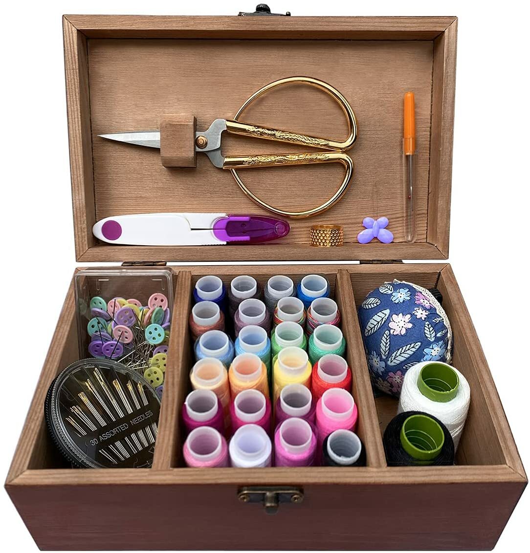 Sewing Kit Wooden Box with Cute Sewing Accessories Hand Sewing Kit