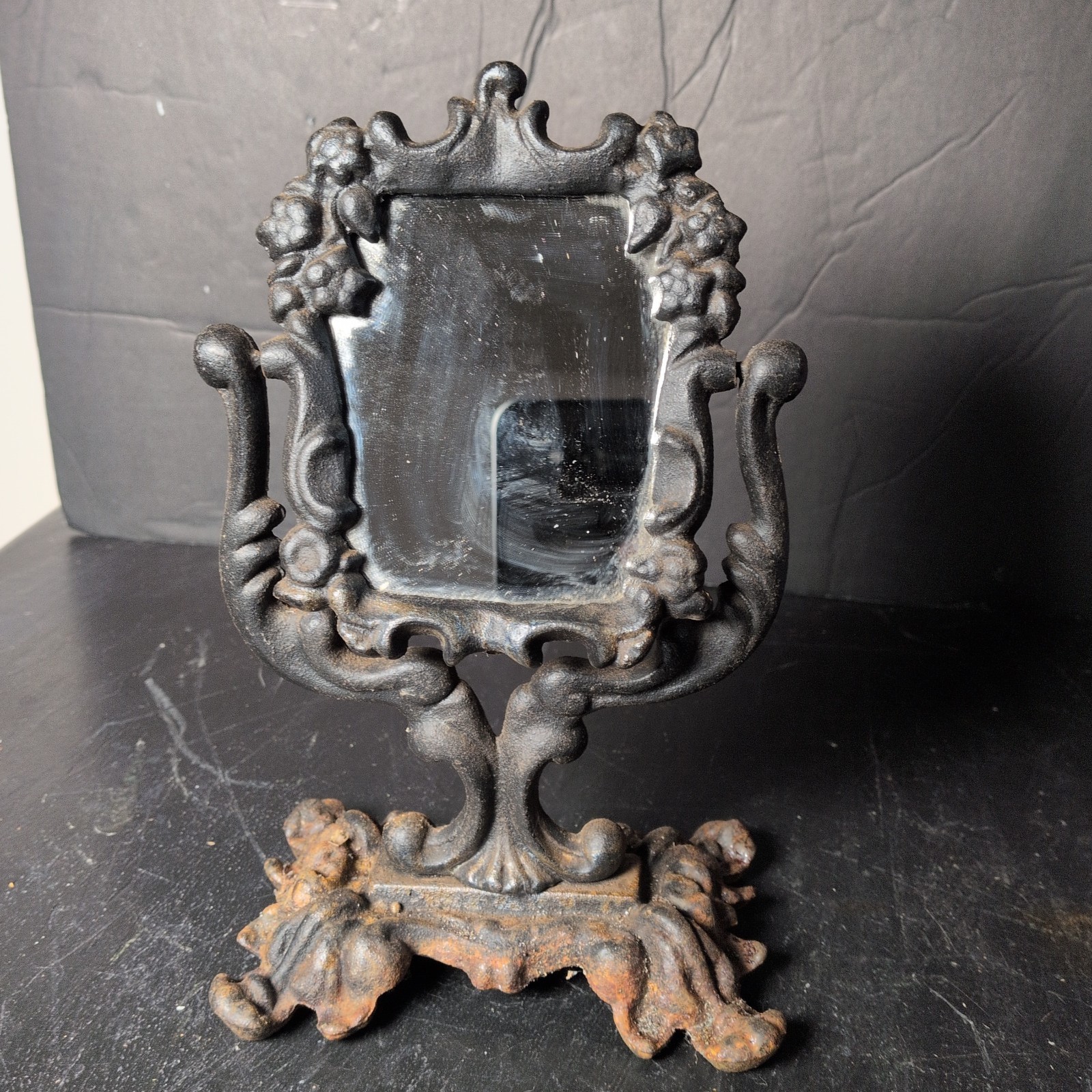 Antique Iron Art Victorian Cast Iron Vanity Mirror Ornate Tabletop Black 9″ X 5″