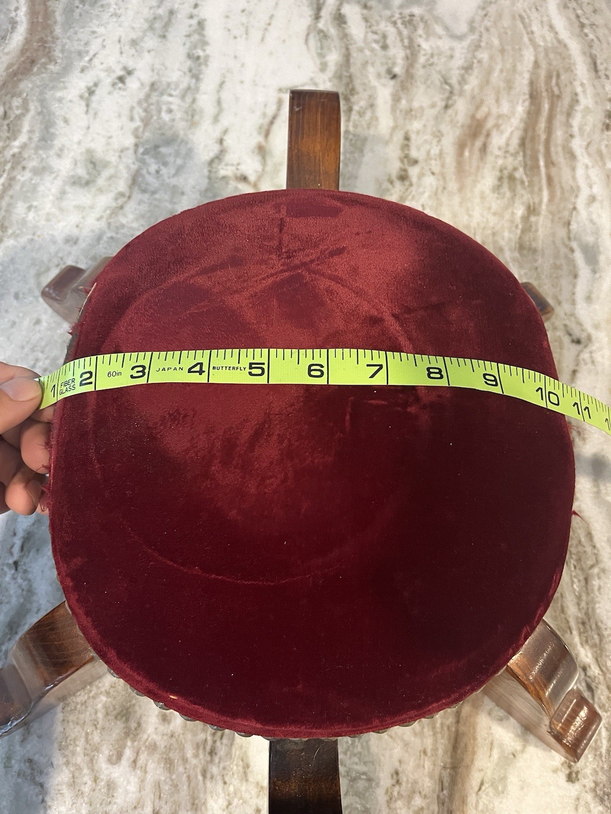 1950s Mid Century Boho Turtle Footstool Pine Wood Red Velvet Cushion Vintage