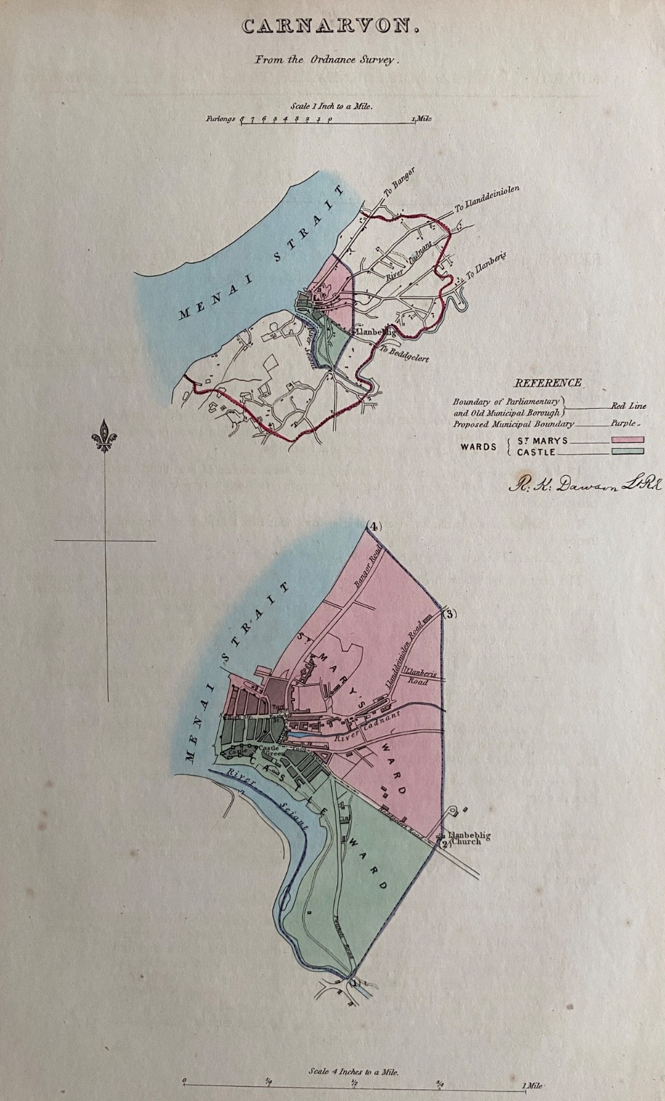 1837 Antique Map; Caernarfon / Carnarvon, Boundaries and Plan by Robert Dawson
