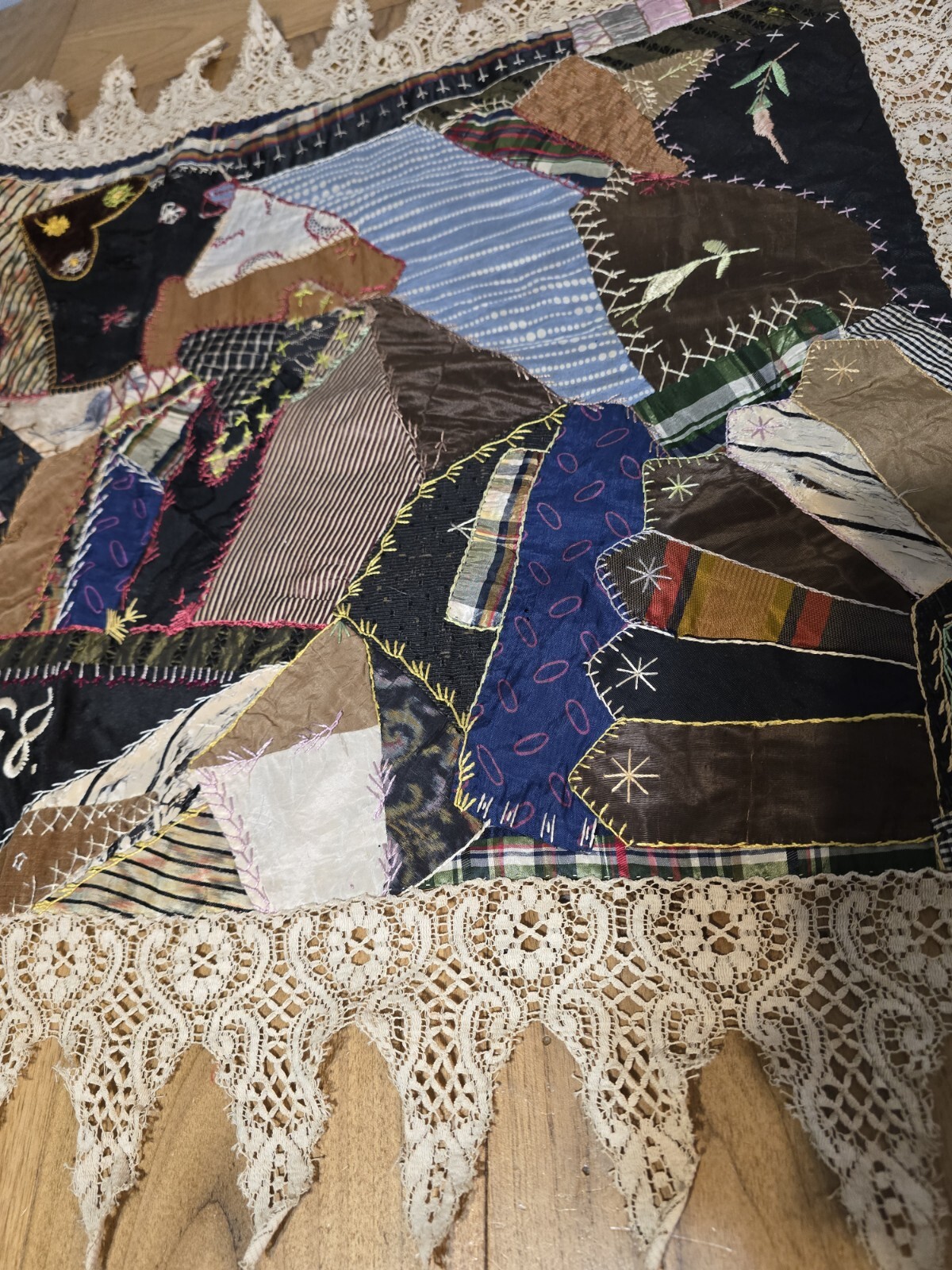 Antique Crazy Quilt Panel W/ Lace Early American Folk Art Circa 1898 Handsewn