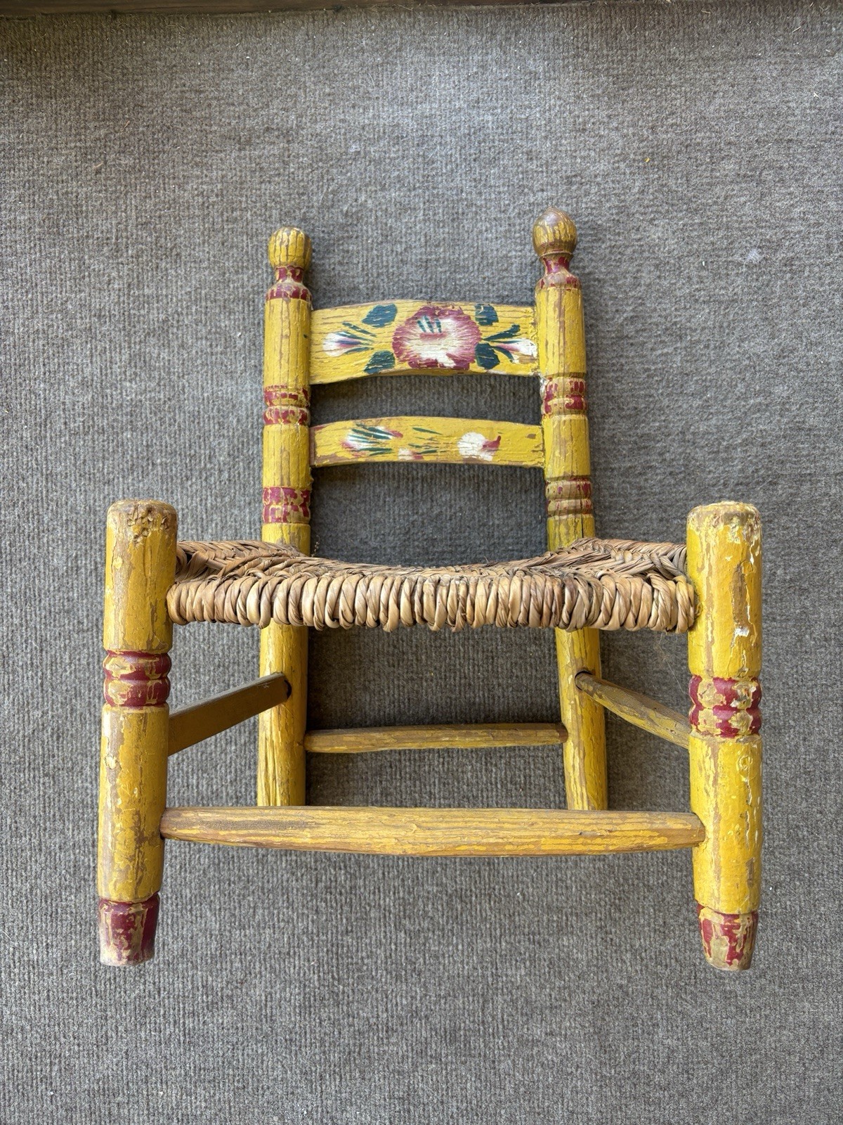 Vintage Hand Painted Child’s Chair Mexican Folk Art Wicker Woven Rush Seat Stool