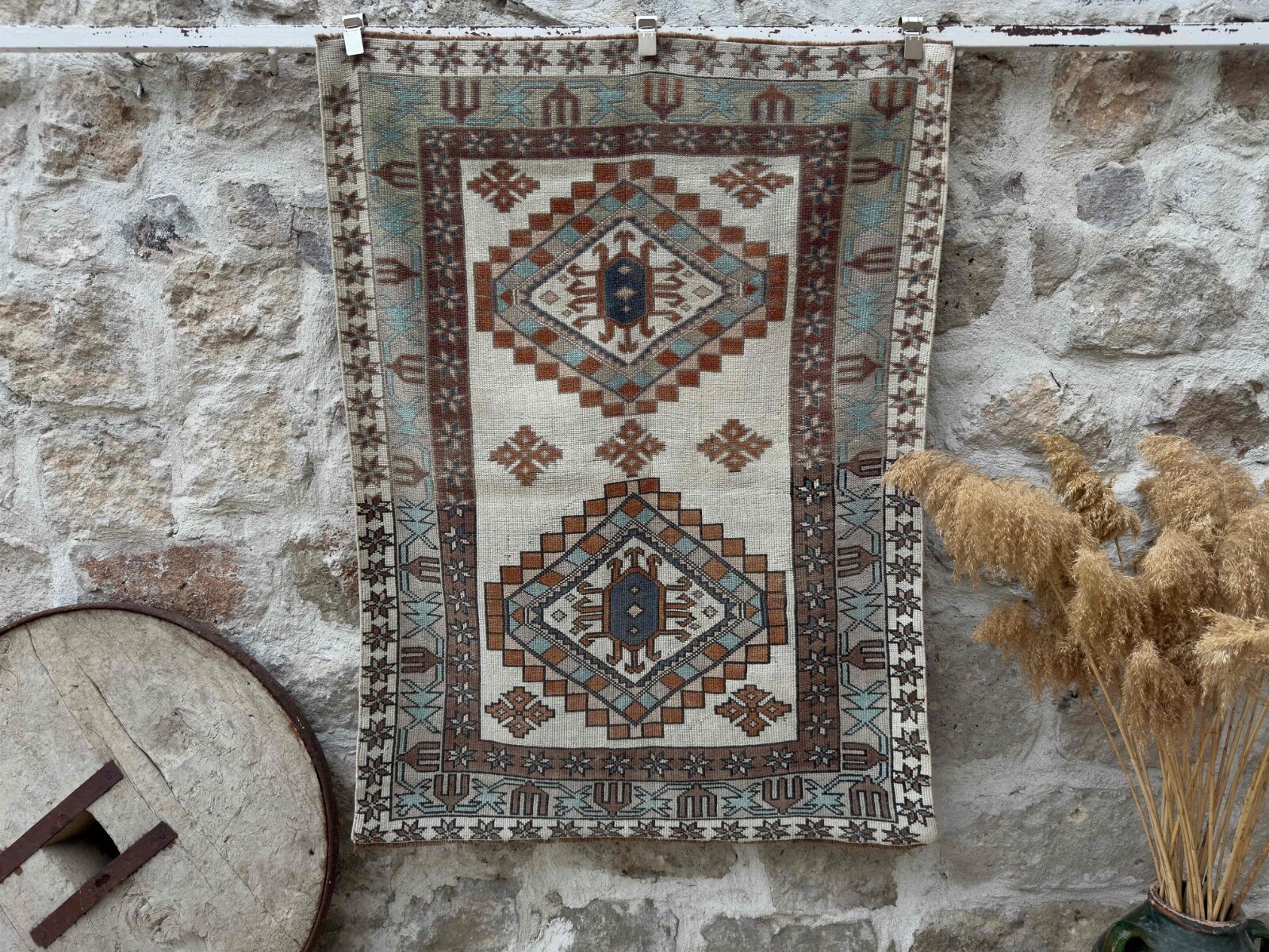 Hand-Woven Vintage Area Rug 4×5 Pale Brown Wool and Wool Traditional Carpet