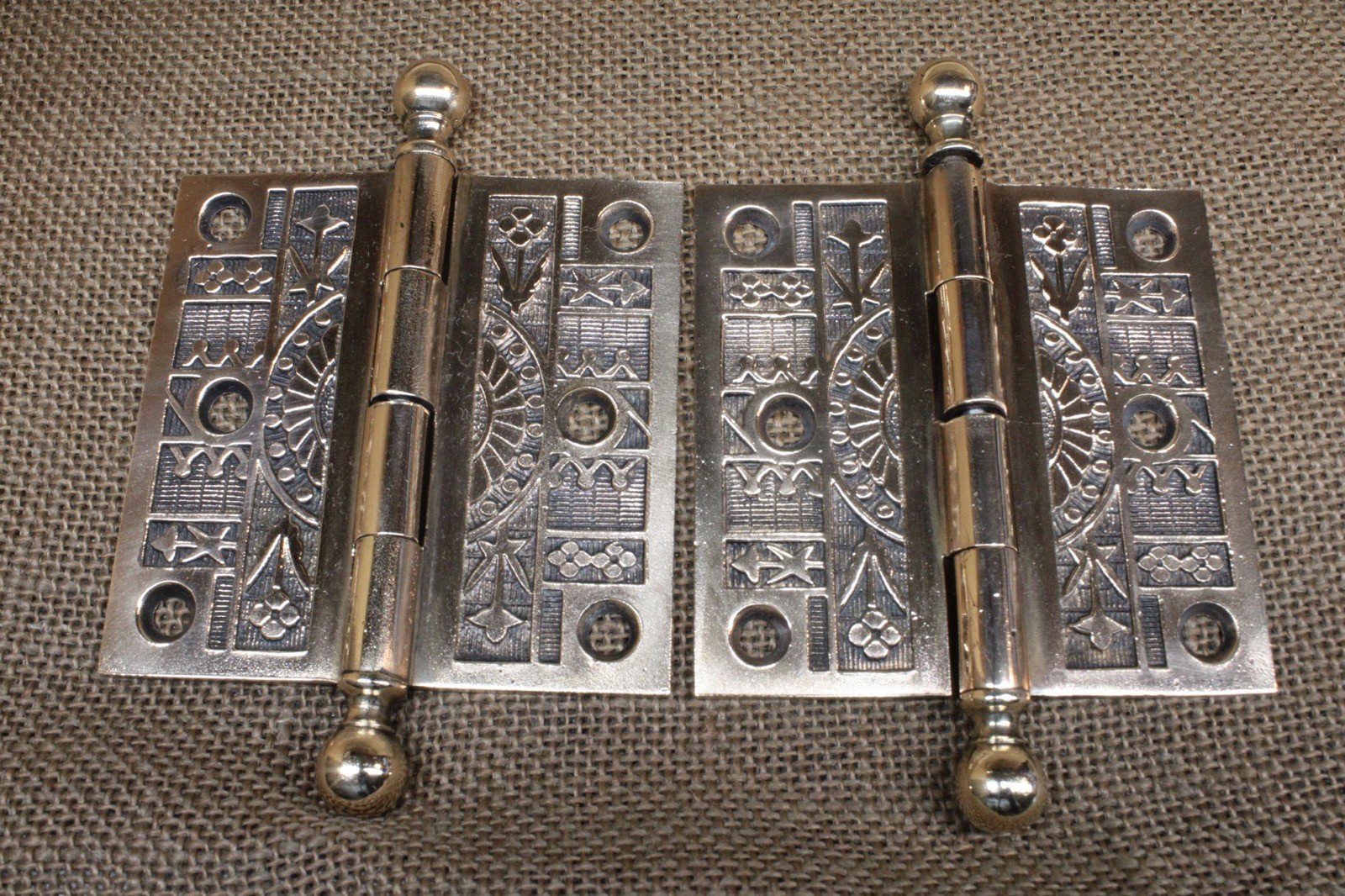 2 Old Door Hinges 3 1/2 X 3 1/2″ Fancy Mansion Polished Brass 1800’s Petal Dawn