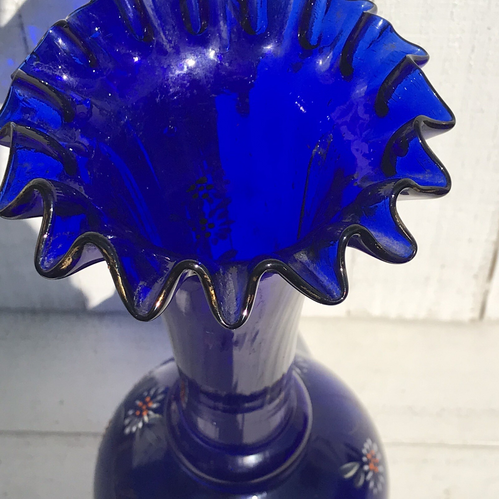 Antq Victorian Cobalt Blue Blown Glass Bulb Vase Hand Painted Gold Vtg Floral