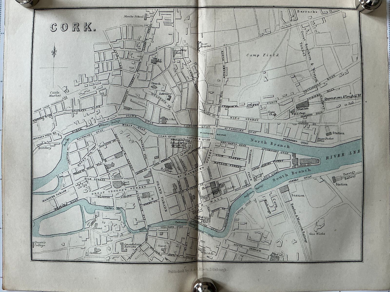 CORK 1877 IRELAND Antique Street Map Original Bartholomew River Lee, Railway