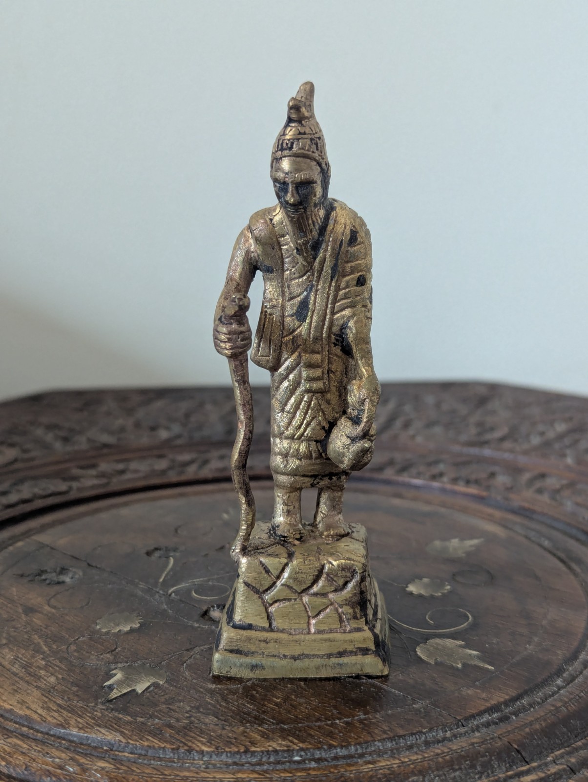 Antique Bronzed Metal Chinese Statue Man Using Snake as a Kane