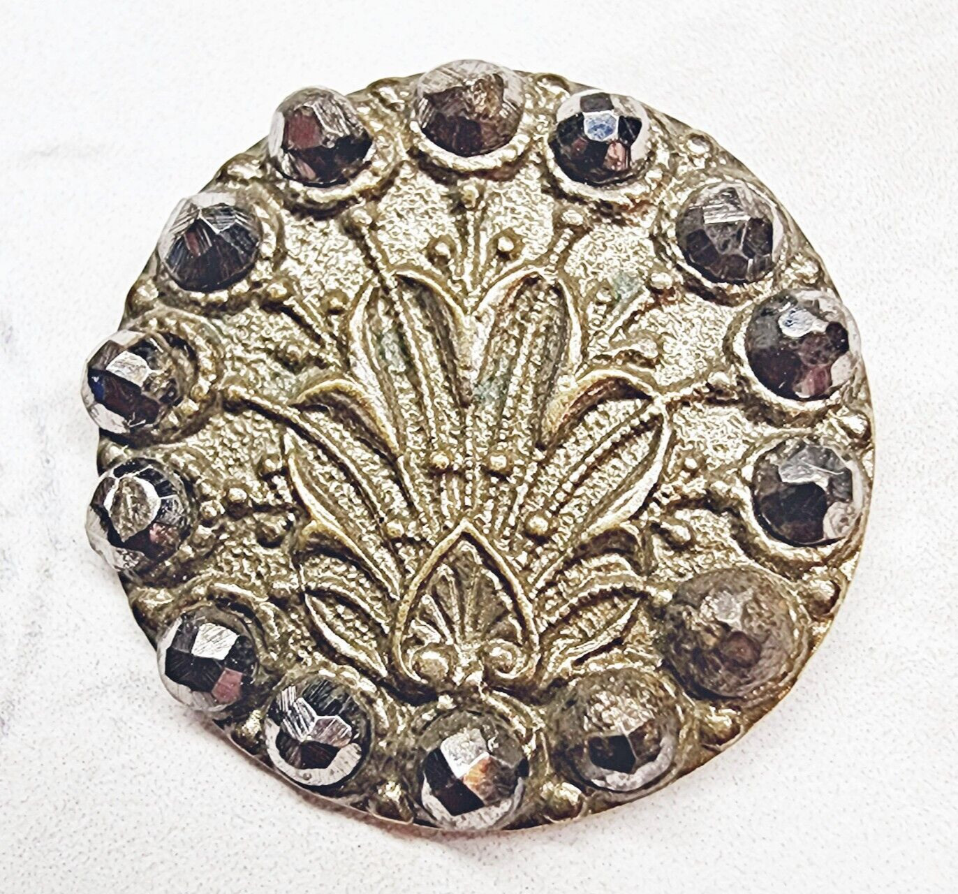 Antique 1 Pc Silvered Stamped Brass Button ~ Flame Leaf w/ Faceted Steels Border