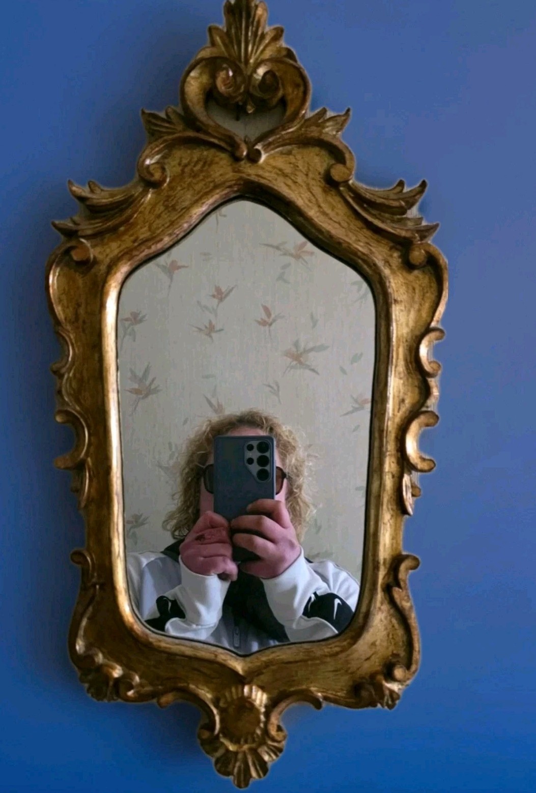 Vintage Gold Gilt Oval Mirror, Ornate Rococo Floral Carved Frame 1960s