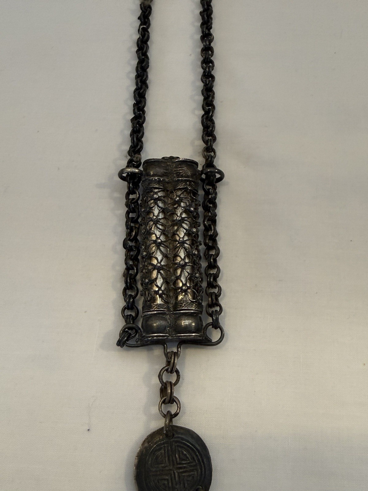 Antique Silver Chinese Opium Chatelaine With Tools and Snuff Box