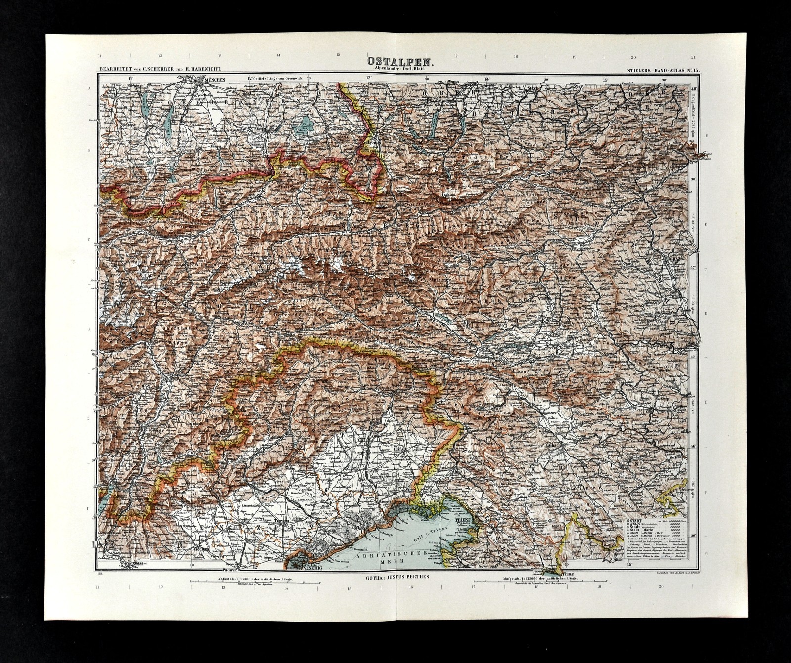 1911 Stieler Map Austria Italy Alps Innsbruck Salzburg Venice Triest Graz Munich