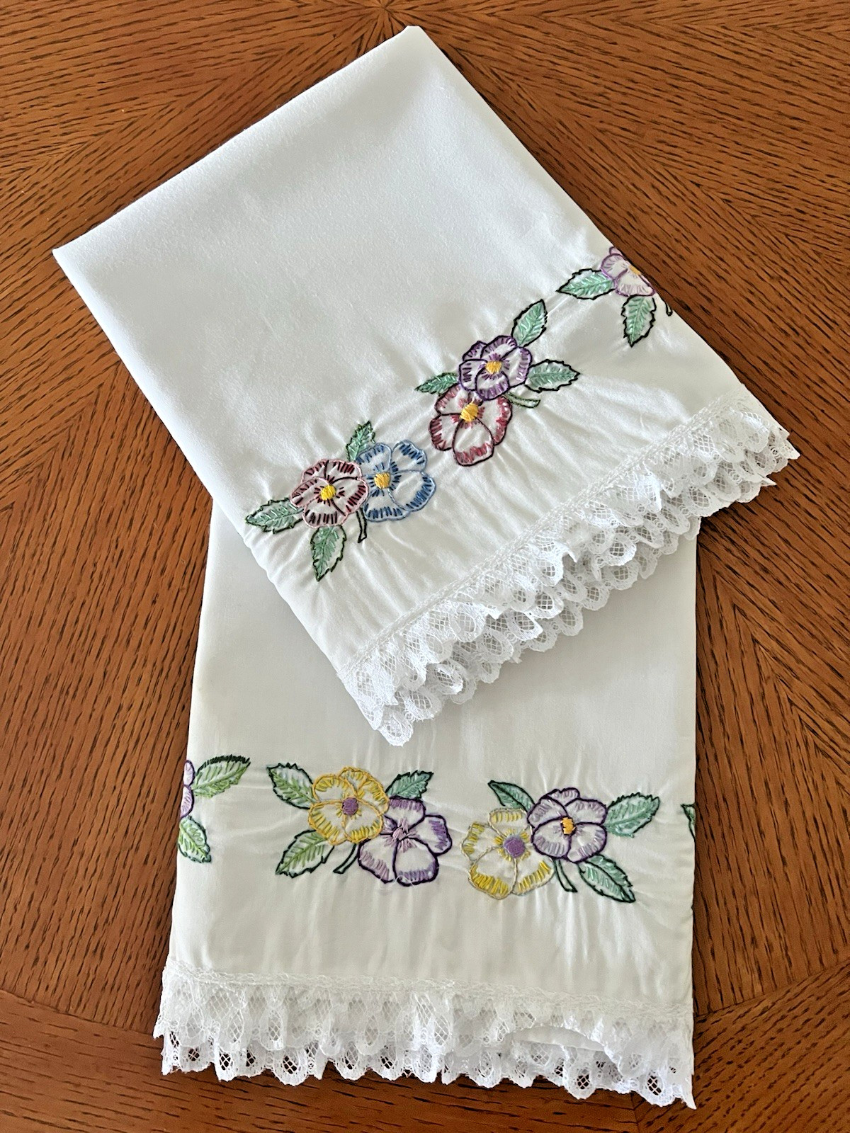 Vintage Cotton Hand Embroidered Floral Pillowcases Set of 2 Multicolor Pansies