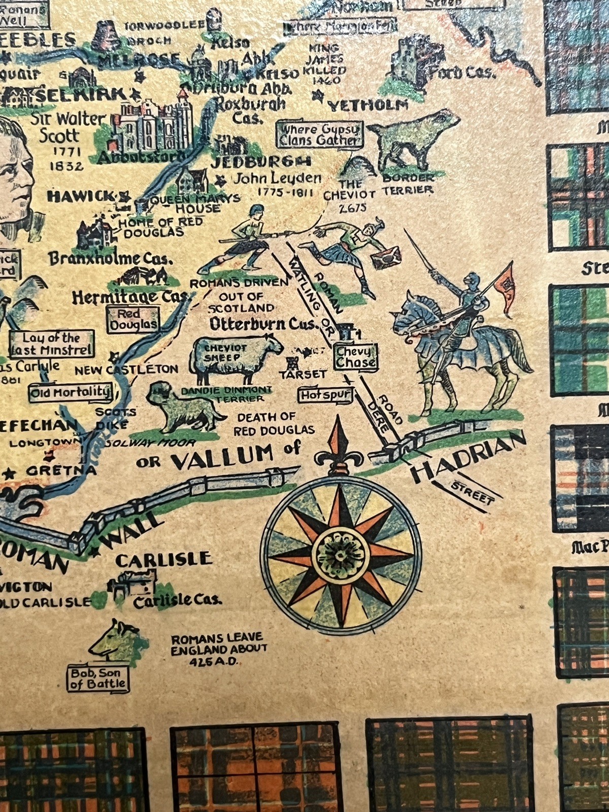 Vintage 1939 ‘The Story Map Of Scotland’ On Wood Placard 15” X 17” Hand Colored!