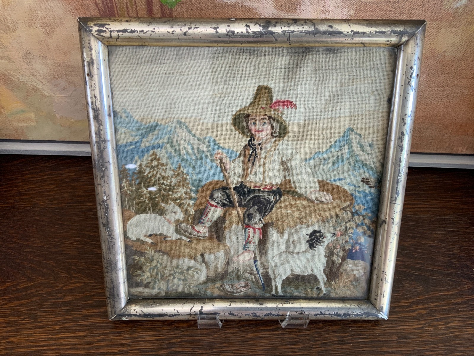 European Framed W/Glass Embroidery Charming Antique The Shepherd Boy Circa 1870