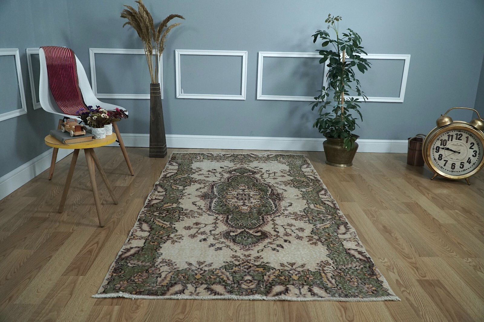 Vintage Turkish Rug, Boho Decor Rug, Green Beige Rug, Carpet 3.77×6.63 ft H-2549