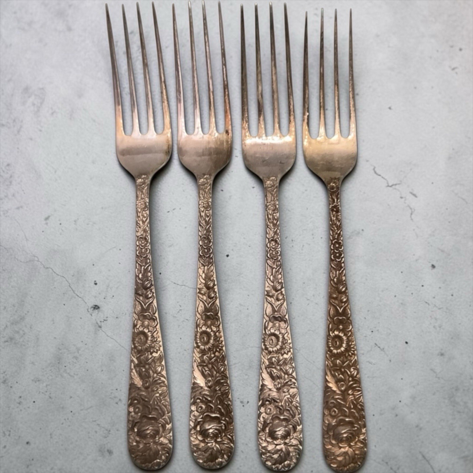 S. Kirk & Son Sterling Silver Repousse Dinner Forks Set 4 7 1/4 245g No Monogram