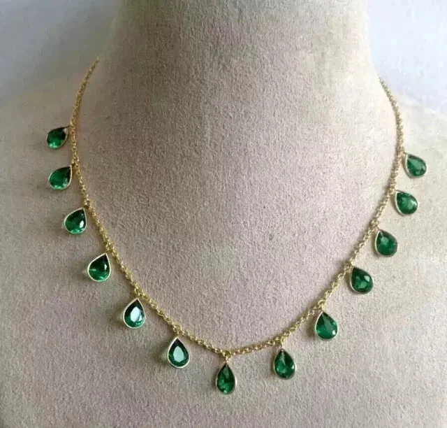 5.00Ct Pear Cut Lab Created Emerald Station Necklace 14K Yellow Gold Plated 18″