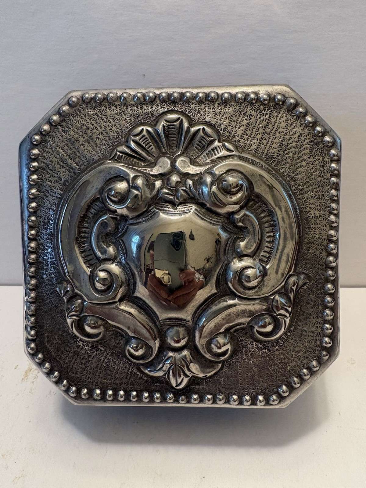 Antique Victorian Octagonal Oak & Silver Plate Box,Repoussé Rococo Top, Unmarked