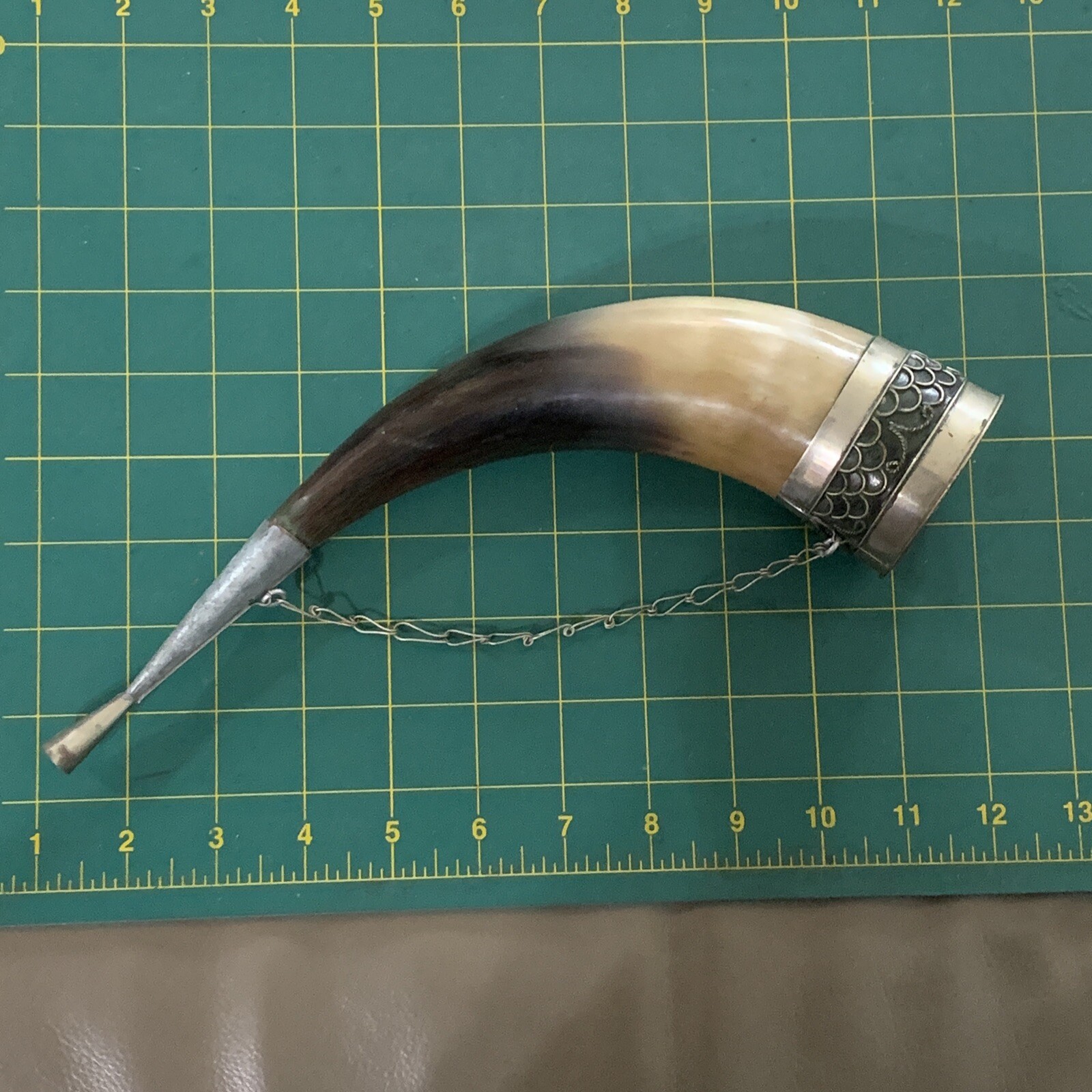 Vintage Drinking Horn With Chain & Engraved Silver Alloy Fittings