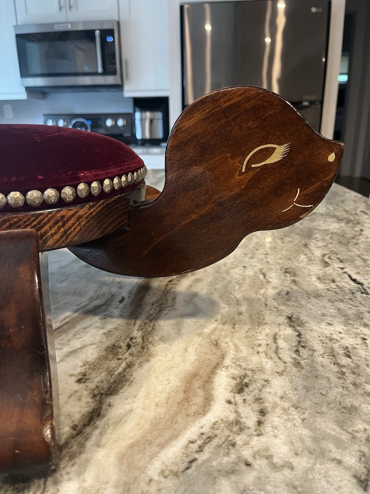 1950s Mid Century Boho Turtle Footstool Pine Wood Red Velvet Cushion Vintage