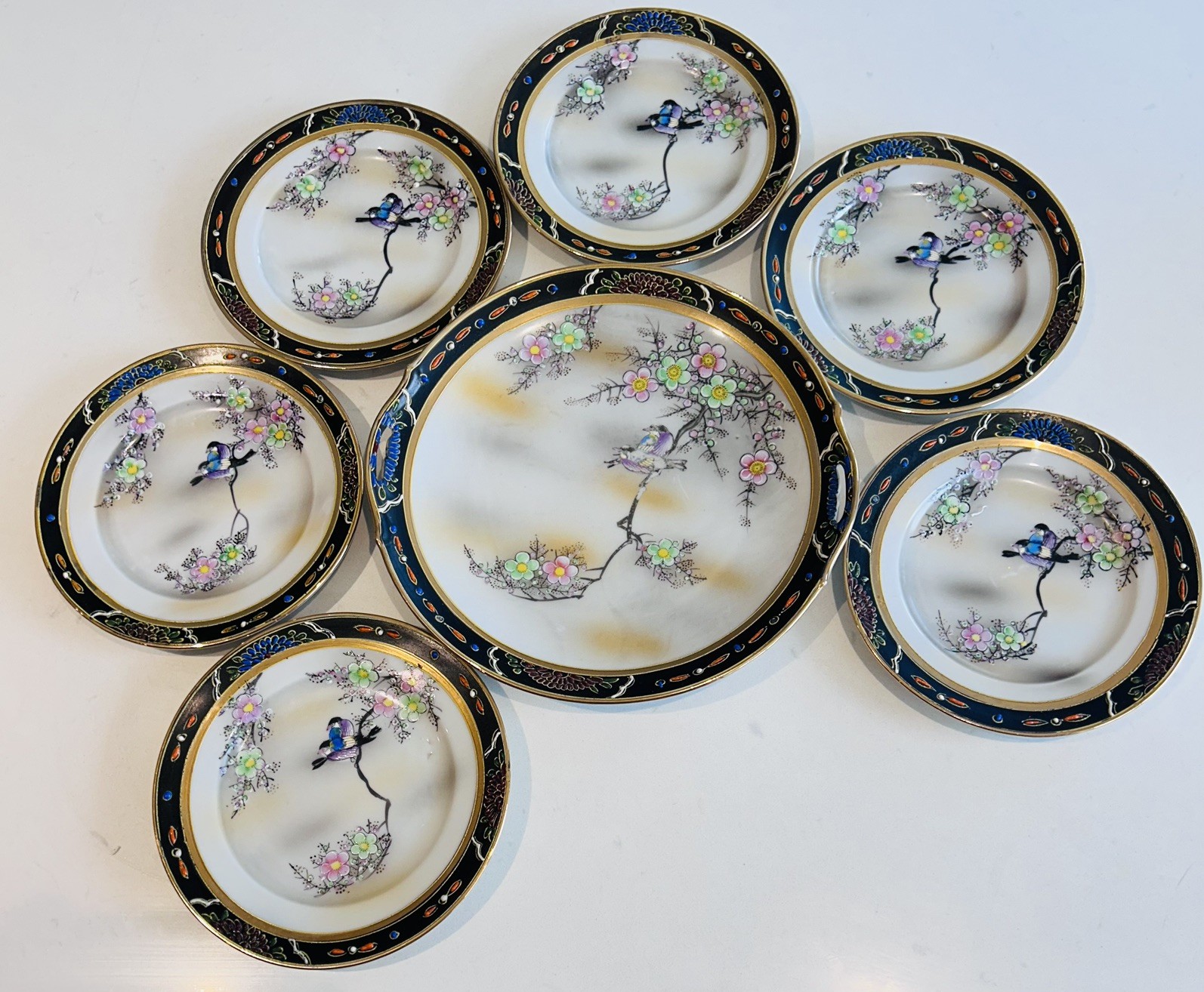 Vintage 30’s Mikori Japan China Cherry Blossom & Bird serving plate & 6 plates